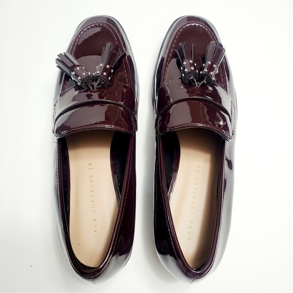 Zara Women's Trafaluc Brown Patent Leather Tassel Slip on Loafer Size 38/8